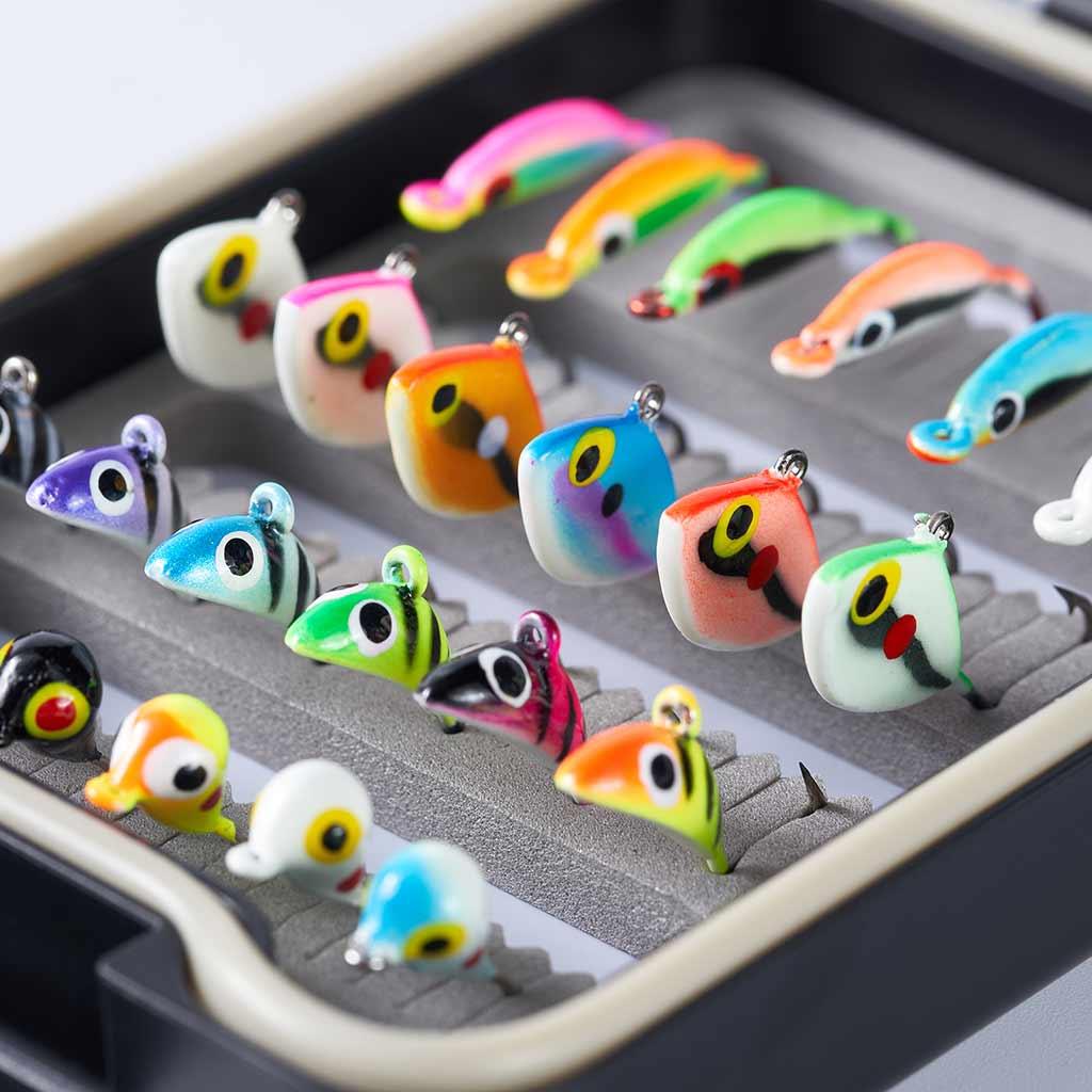 Bassdash Ice Fishing Lure Kit Glowing Paint Jigs for Winter Ice Jigging Crappie Sunfish Perch Walleye Pike with Tackle Box