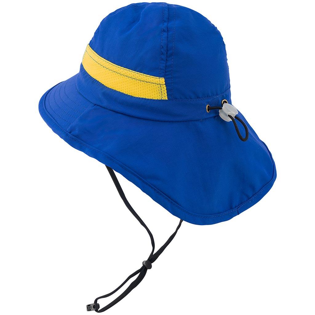 Youth UPF 50+ Sun Hat with Wide Brim Neck Flap Mesh Vent Blue Dinosaur / Small