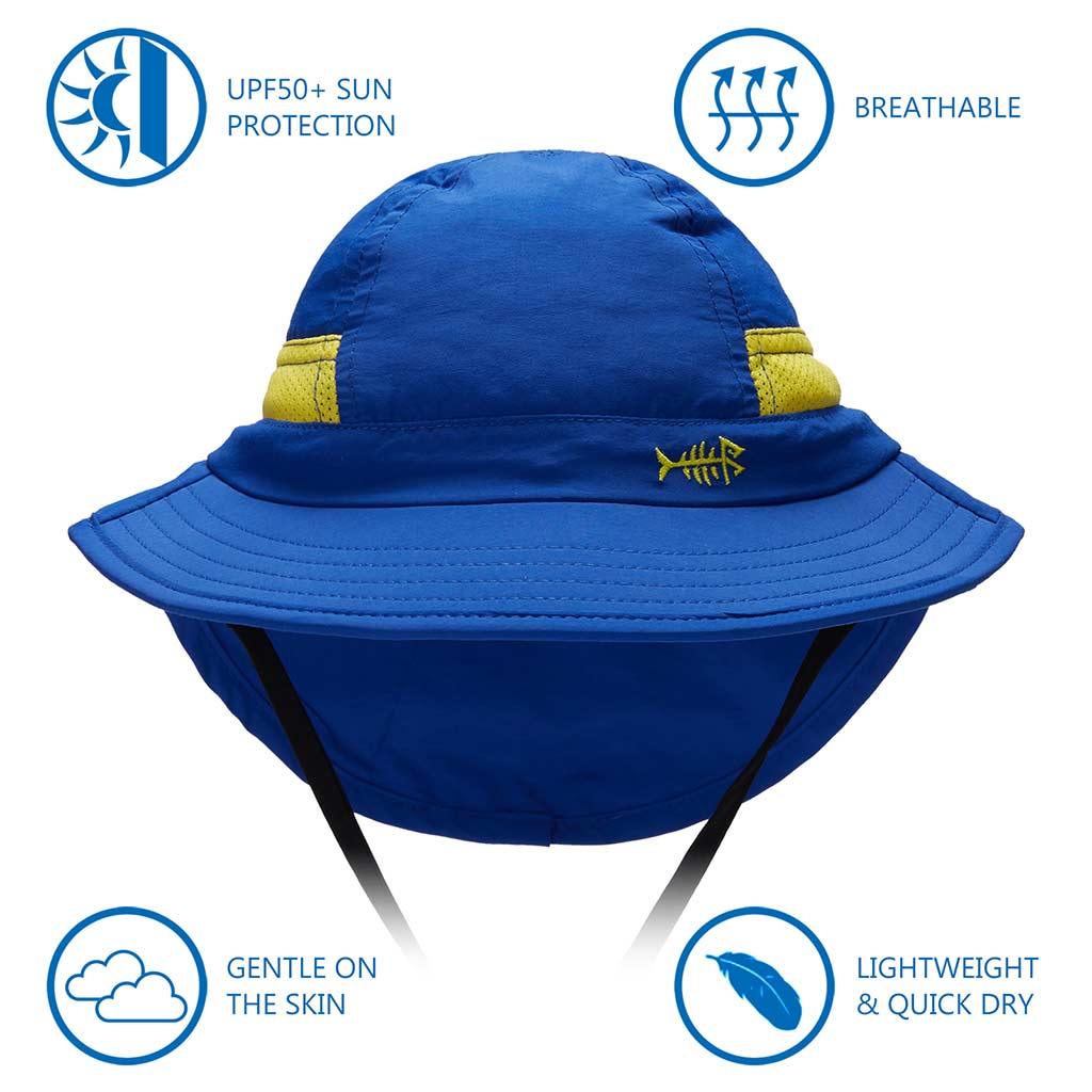 Youth UPF 50+ Sun Hat with Wide Brim Neck Flap Mesh Vent, Royal Blue / Medium