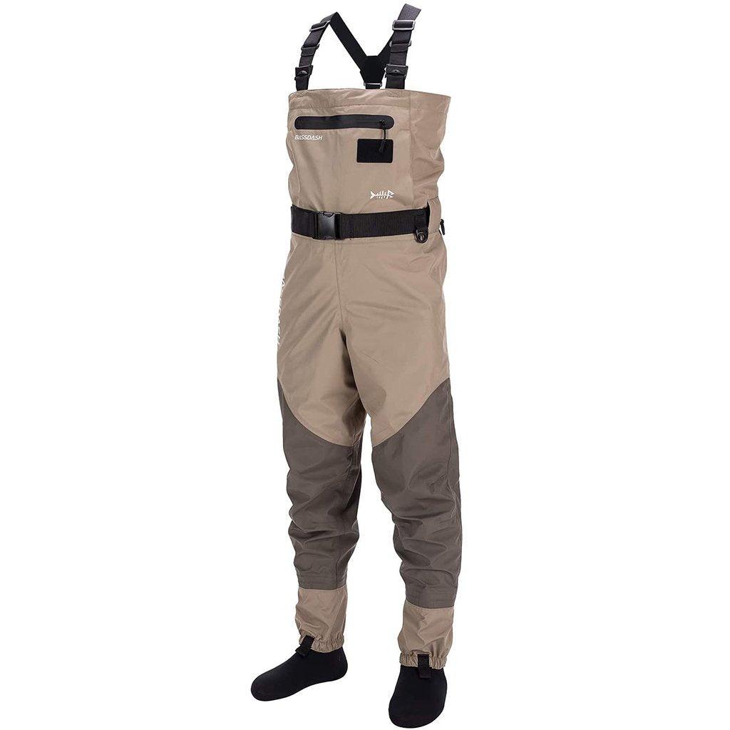 Bassdash Men’s Breathable Chest Waist Convertible Hunting Fishing Waders, Boot Foot/Stocking Foot Waders, Khaki / L