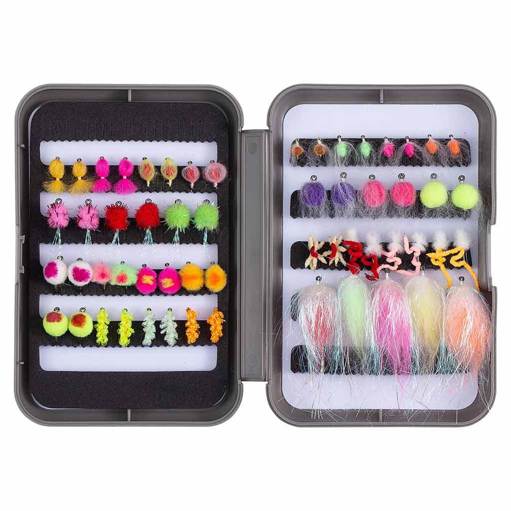 BASSDASH Trout Steelhead Salmon Fishing Flies Barbed Barbless Fly Hooks Include Dry Wet Flies Nymphs Streamers Eggs, Fly Lure Kit With Fly Box